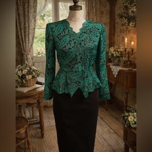 Zibeline Emerald Green Brocade Semi Sheer Peplum Blouse